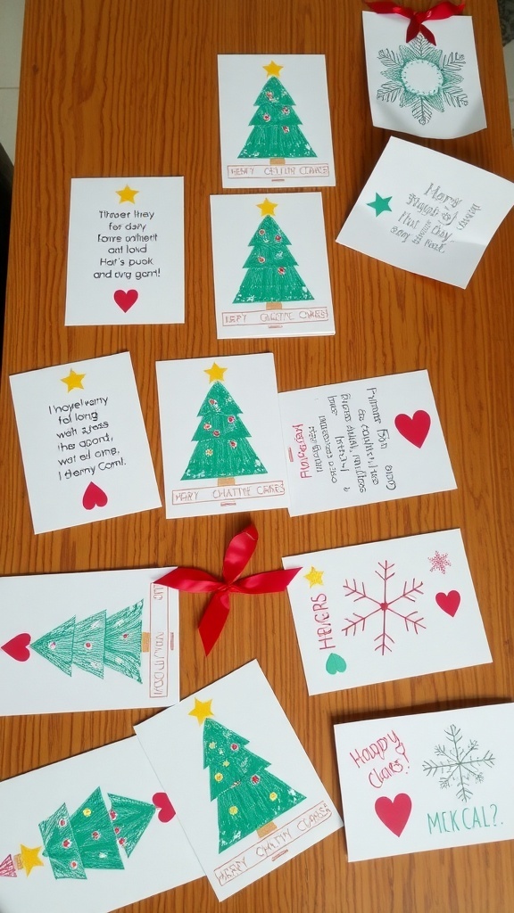 Handmade Christmas cards with festive designs and messages on a wooden table.